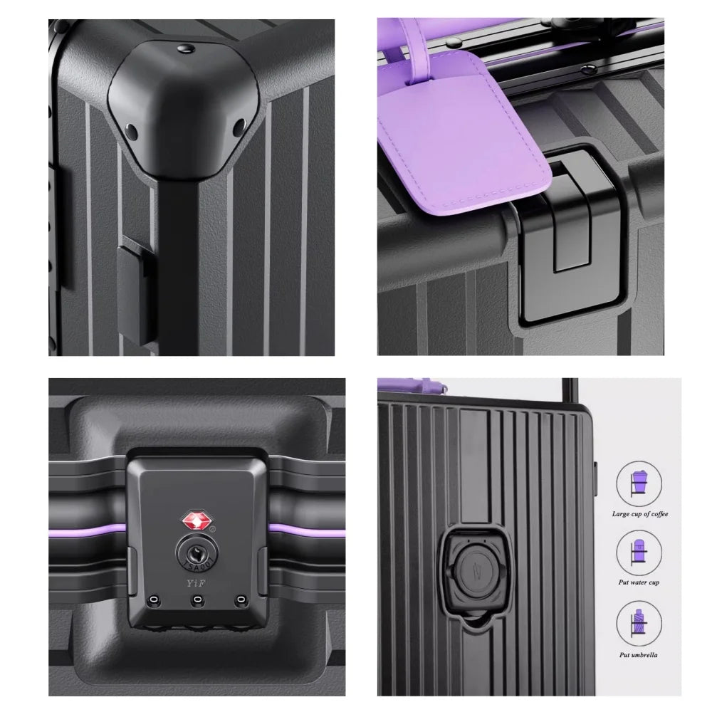 New Aluminum Frame Wide Handlebar Rolling Luggage Large Capacity Trolley Suitcase with Colorful Silent Spinner Wheels TSA Lock