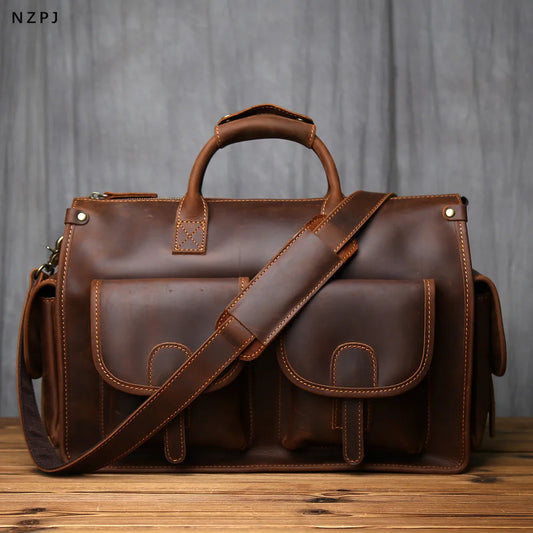 NZPJ Retro Genuine Leather Men's Briefcase Top Layer Cowhide Handbag  Crazy Horse Leather   Crossbody Bag For 16 Inch Laptops