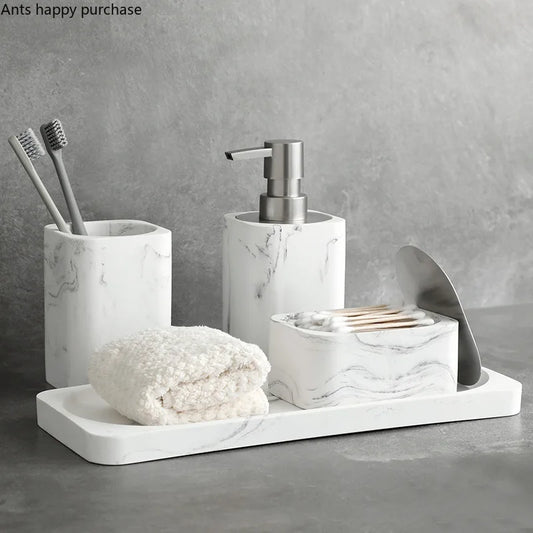 Bathroom Four Piece Set Resin Marble Bathroom Set Wash Sets Lotion Bottle Mouthwash Cup Cotton Swab Box Tray Soap Dispenser