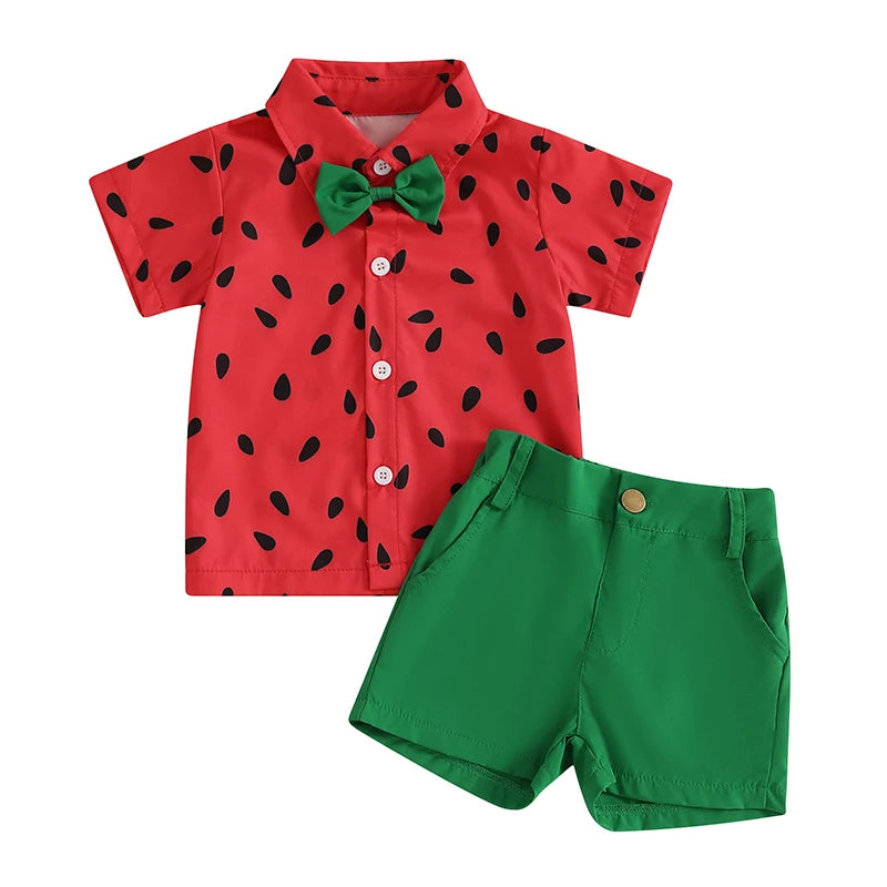 Lioraitiin Toddler Baby Boy Summer Outfits Watermelon Pattern Button Down Turn Down Collar Short Sleeve Shirt with Shorts Set