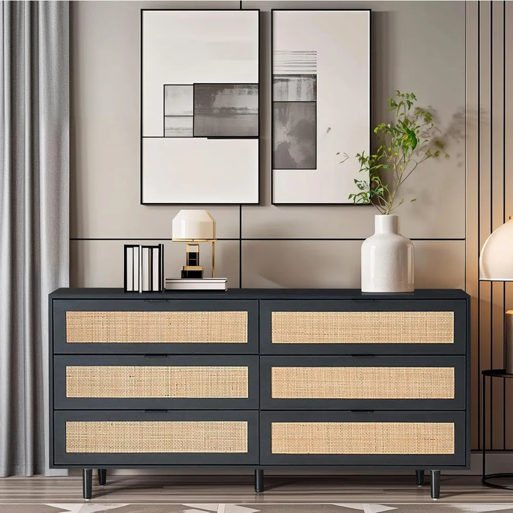 6 Drawer Double Dresser for Bedroom,Natural Rattan Modern Drawer Chest,Wooden Storage Wardrobe Dresser with Black Handles,