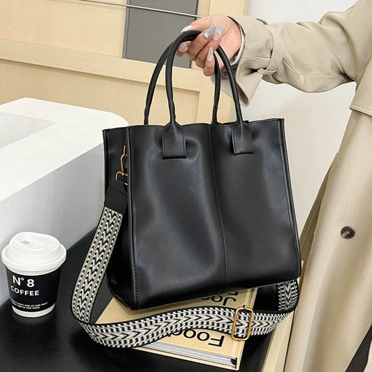 Black Tote Bag For Women Fashion Wide Strap Shoulder Handbag High Quality Pu Leather Bag Coffee Brown Female Brand Commute Bag