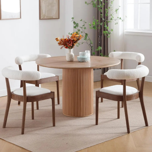 Mid Century Modern Dining Chairs Set of 4, Comfortable Boucle Open Back Wood Side Chairs for Dining Room/Lounge/Restaurant, Whit