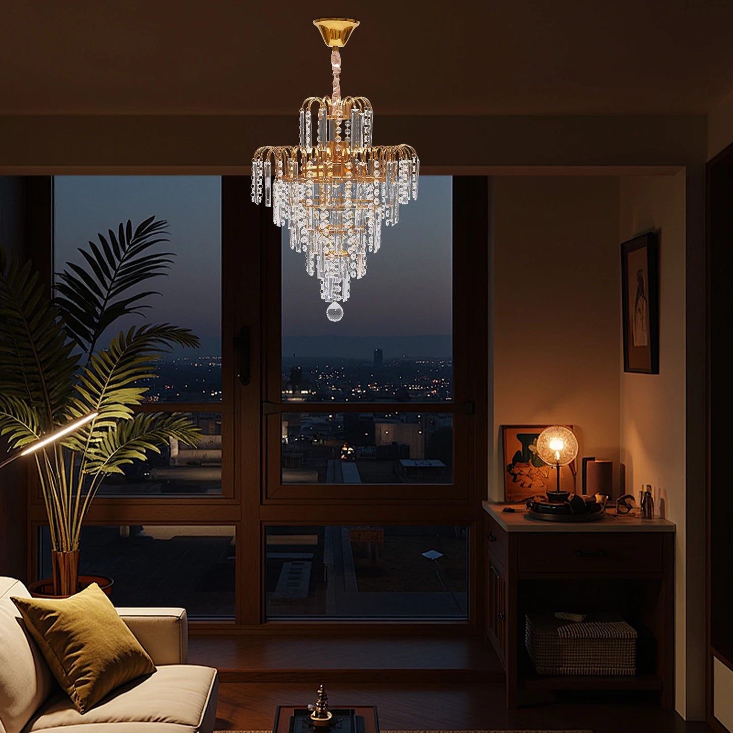 Crystal Chandelier, Adjustable Chain, Golden Tone, Ambient Lighting for Living Room