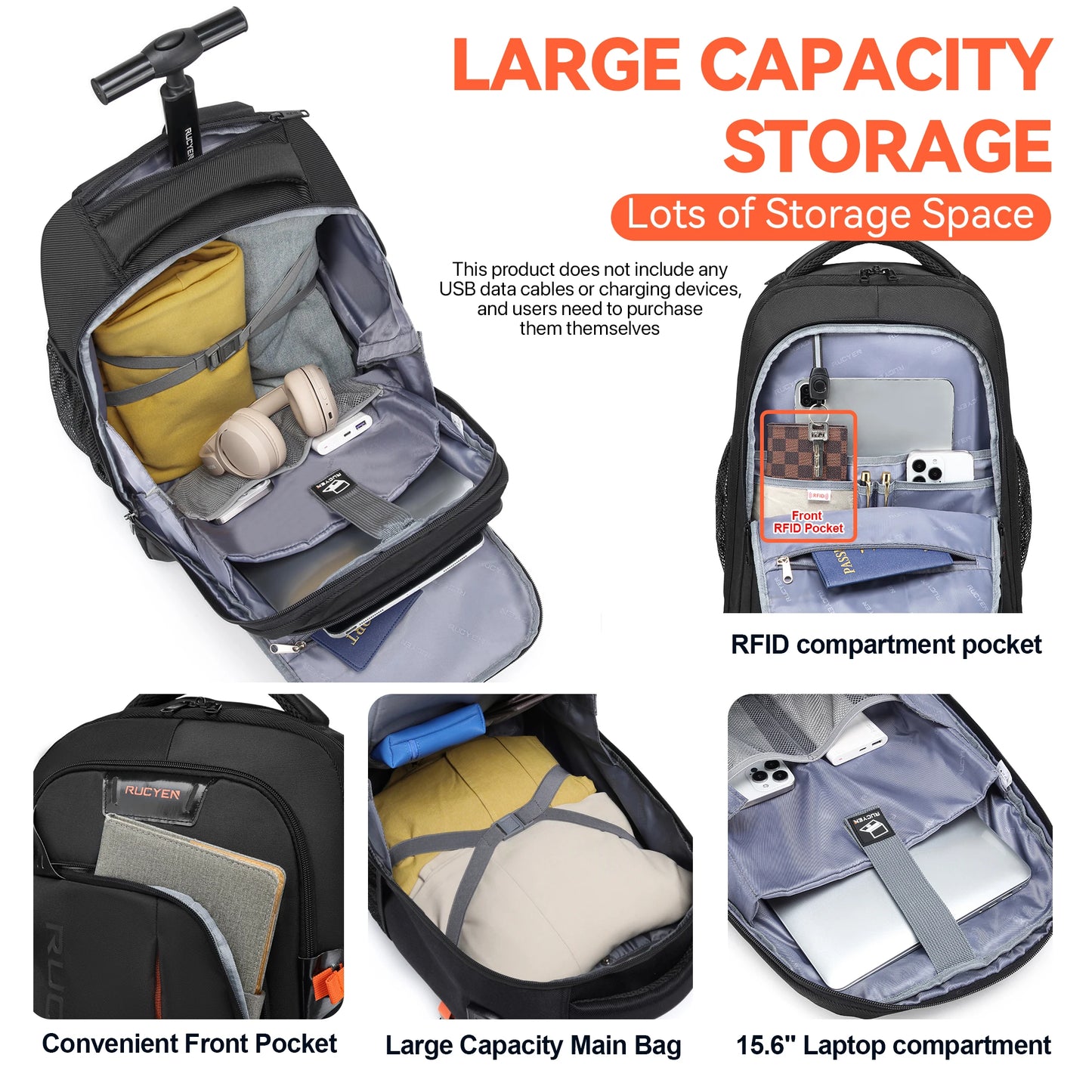 Rolling Backpack 18 inch Laptop Travel Backpack with Wheels Hidden Pull Rod Waterproof Carry On Luggage for Business Travel