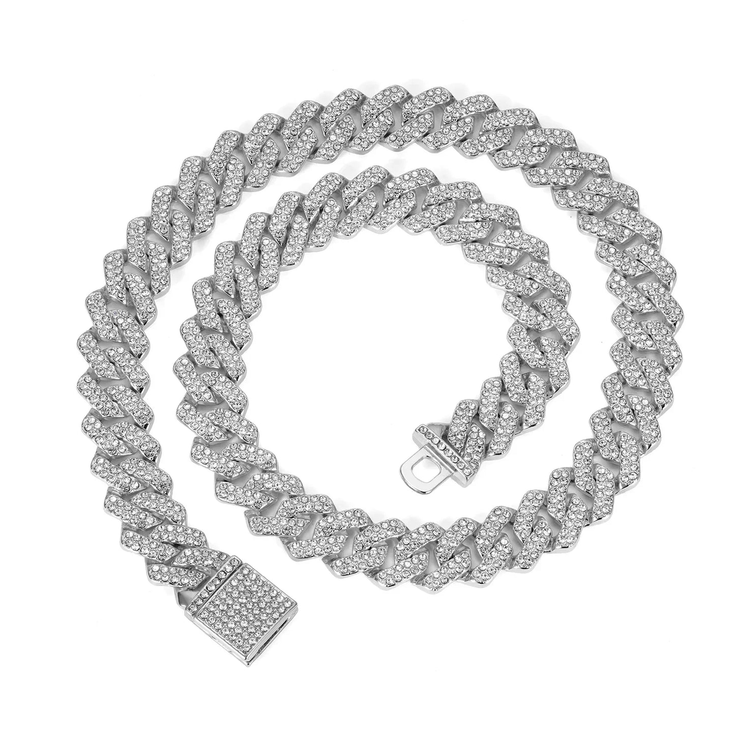 Hip Hop Shiny 15MM Cuban Link Chain Necklace Women Men Silver Color Rhinestone Iced Out Cuban Chain Punk Jewelry Necklace Gift