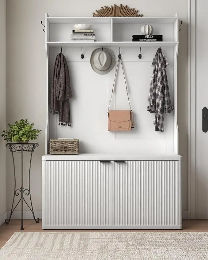 Tree with Bench and Shoe Storage,Morden Fluted Entryway Coat Rack with Shoe Bench Cabinet, Entryway Furniture