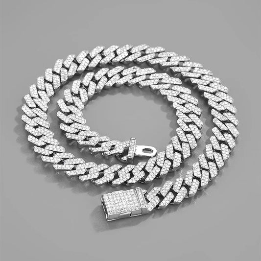 Hip Hop Shiny 15MM Cuban Link Chain Necklace Women Men Silver Color Rhinestone Iced Out Cuban Chain Punk Jewelry Necklace Gift