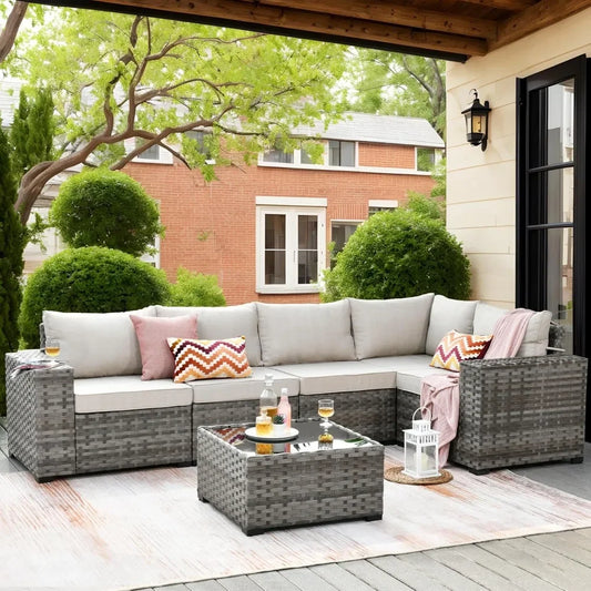 6 Pieces Patio Furniture Set Outdoor Sectional Sofa Couch with Comfy Cushions and Deep Seat, Modern Modular Wicker Rattan Set