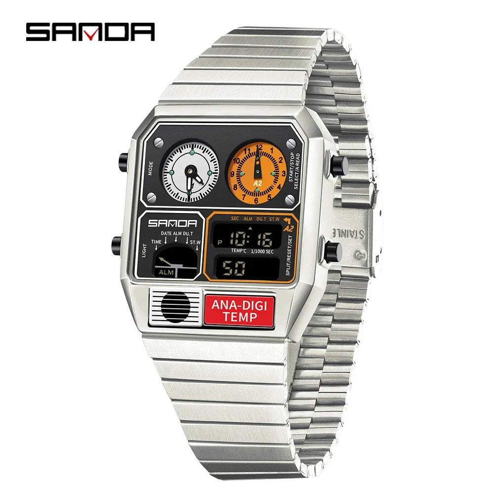 SANDA 3192 Youth Casual Multi-function Thermometer Stopwatch Chronograph Men’s Watch Hot-selling LED Electronic Square Men's