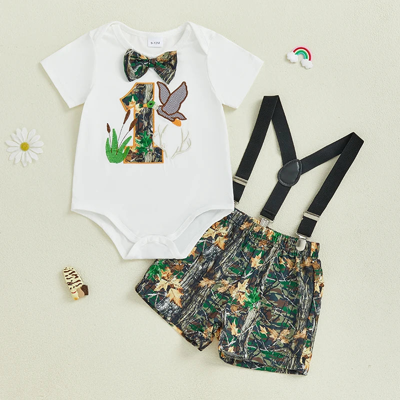 Lioraitiin Summer Baby Boys First Birthday Outfit Short Sleeve Duck Romper with Plaid Leaves Print Overall Shorts Outfit