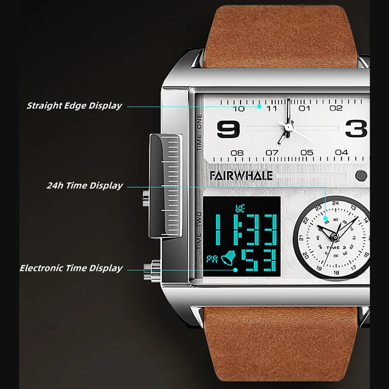 Mark Fairwhale Luxury Quartz Watches Men Fashion Brown Leather Strap Clock Military Waterproof Square Electronic WristWatch Man