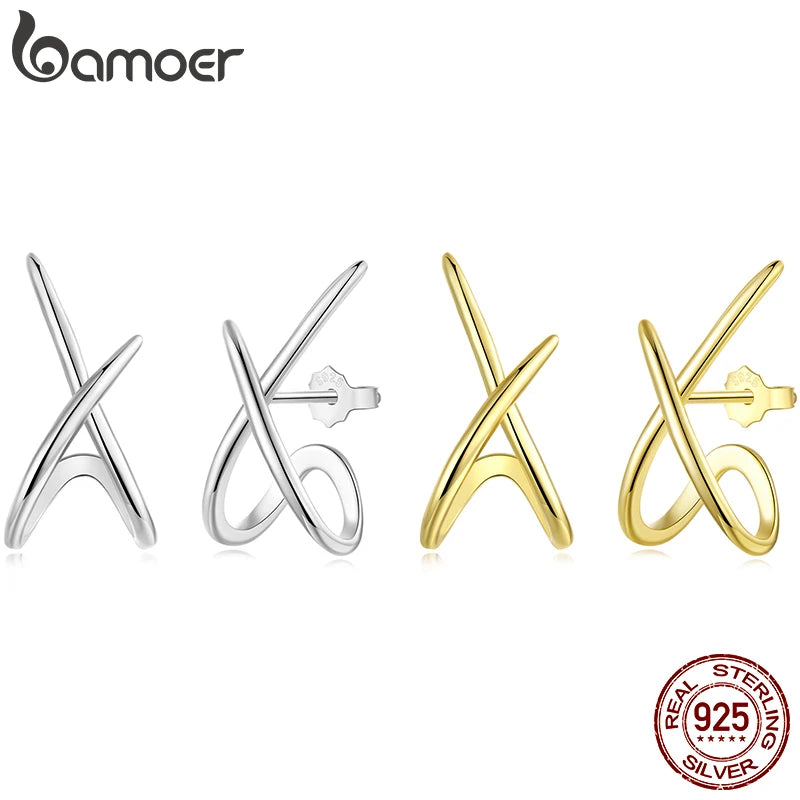 BAMOER 925 Sterling Silver X Earring Studs for Women, Gold Plated Hypoallergenic Earrings Chic Jewelry Gift for Daily Wear