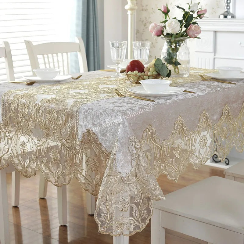 Tablecloth Blue Golden Velvet Rectangle Table Cloth Europe Luxury Embroidered Dining Table Cover Lace Dust Cover Home Decor