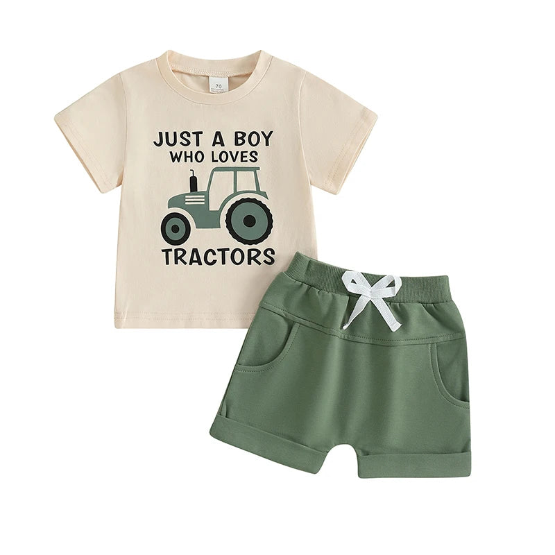 2024-12-31 Lioraitiin Toddler Boy Summer Outfits Tractor Letter Print Round Neck Short Sleeve Tops with Solid Shorts Outfit
