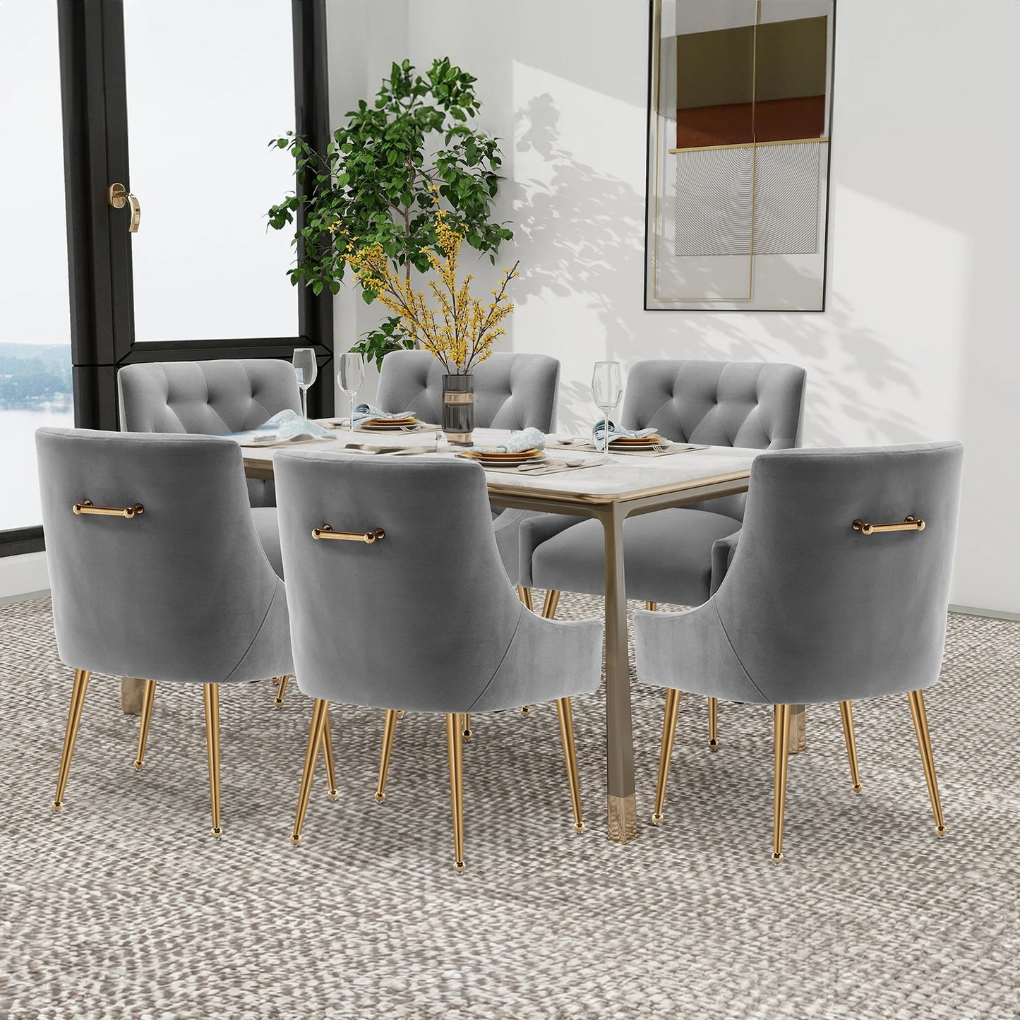 SEYNAR Modern Dining Chairs Set of 6, Velvet Accent Chair Tufted Back Armless Chair with Back Pull