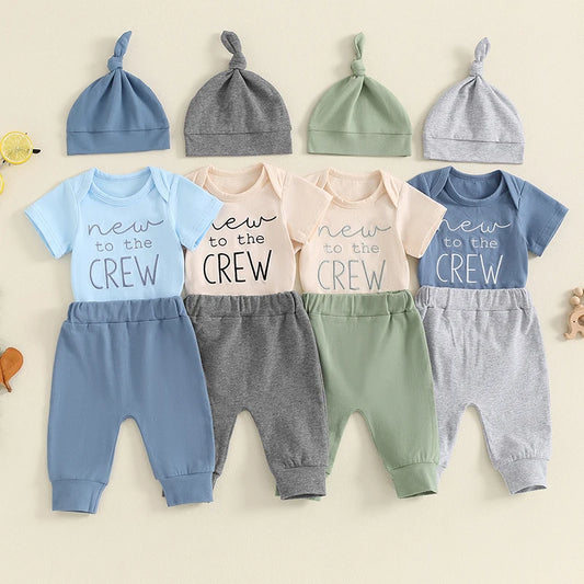 2024-05-05 Lioraitiin Baby Boy Summer Outfit Letter Embroidery Short Sleeve Romper with Solid Color Pants and Hat 3Pcs Set