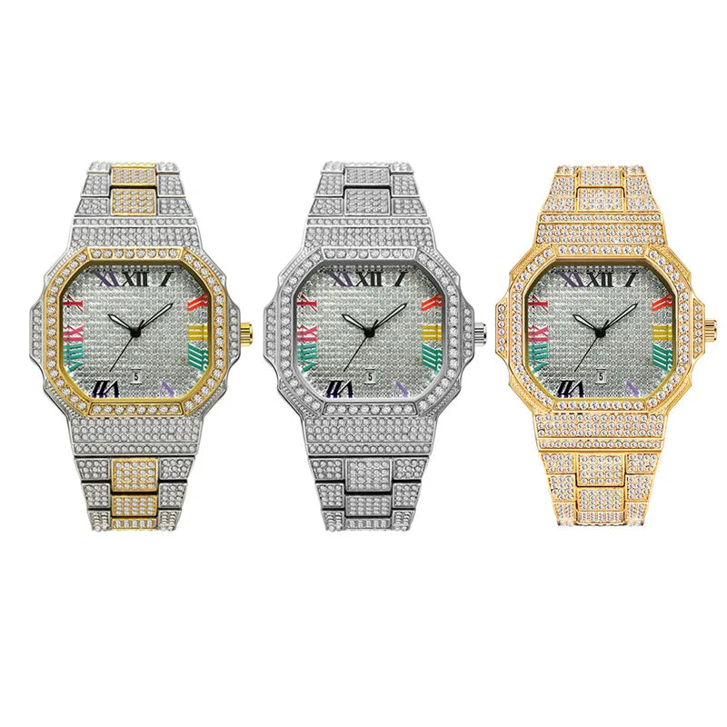 Original Big Brand Watches For Men Fashion Casual Alloy Band Hip Hop Diamond Luxury Golden Date Quartz Watch Relogio Masculino