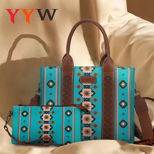 Women Canvas Western Printed Tote Handbag Large Capacity Shoulder Boho Aztec Bags New Wrangler Cowgirls Commuter Shopping Purse