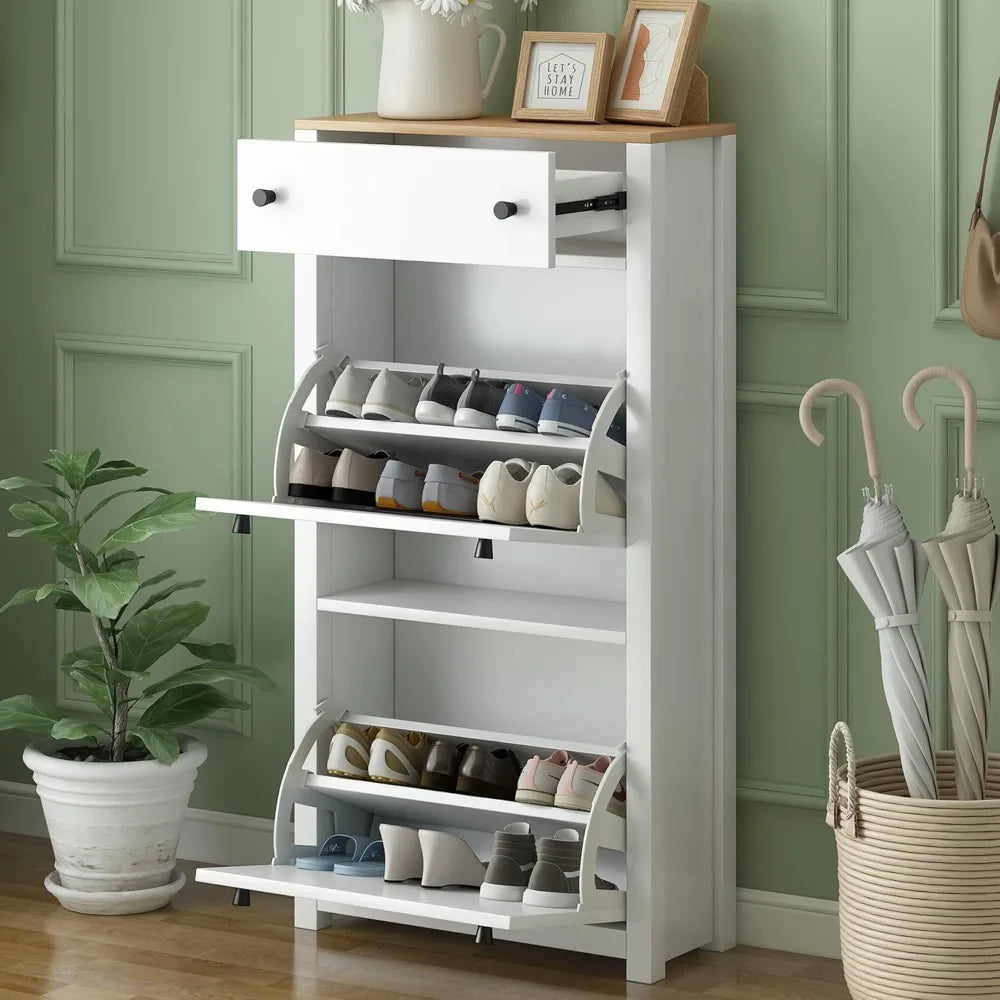 White Shoe Cabinet for Entryway, Slim Shoe Storage Cabinet, Shoe Storage Cabinet with 2 Flip Drawers, Freestanding Organizer Cab