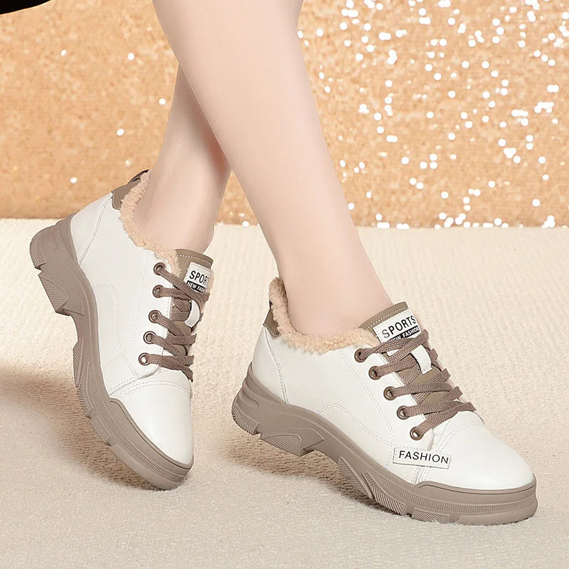 2024 Spring Non-slip Soft Leather Sneaker Trekking Footwear New Women's Thick-soled Lace-up Leisure Skateboard Sports Shoes