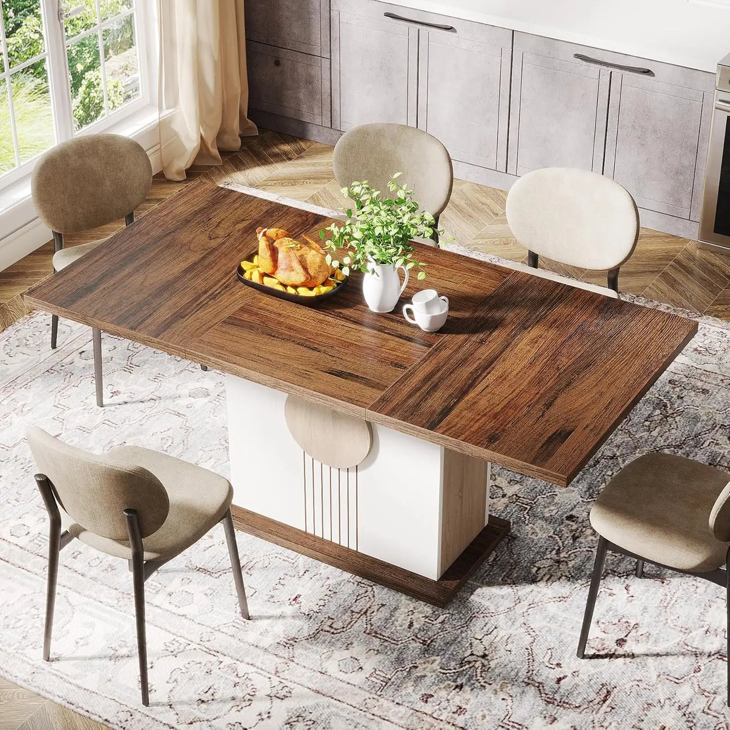 55" Rectangular Dining Table for 4 to 6 People, Farmhouse Wood Dinner Table for Kitchen, Dining Room & Living Room, Oak Brown