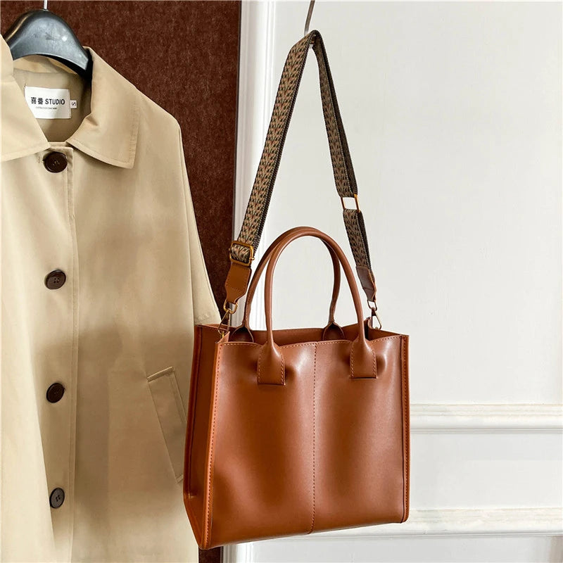 Black Tote Bag For Women Fashion Wide Strap Shoulder Handbag High Quality Pu Leather Bag Coffee Brown Female Brand Commute Bag