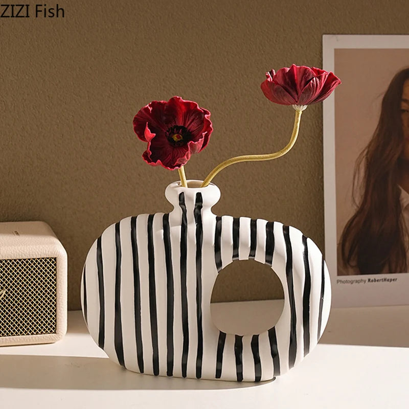 Zebra Stripes Ceramic Vase Artificial Flower Decorative Flowers Pots Desk Decoration Modern Floral Vases Room Aesthetic Decor