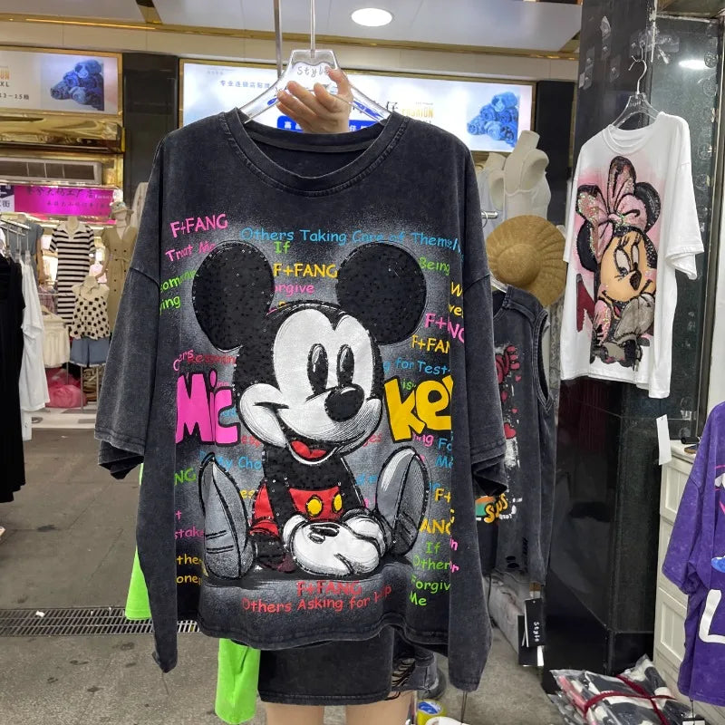 Women's Clothes 2025 New Heavy Industry Design Cartoon Leopard Print Short-sleeved T-shirt Loose Casual Top Vintage Tees Female