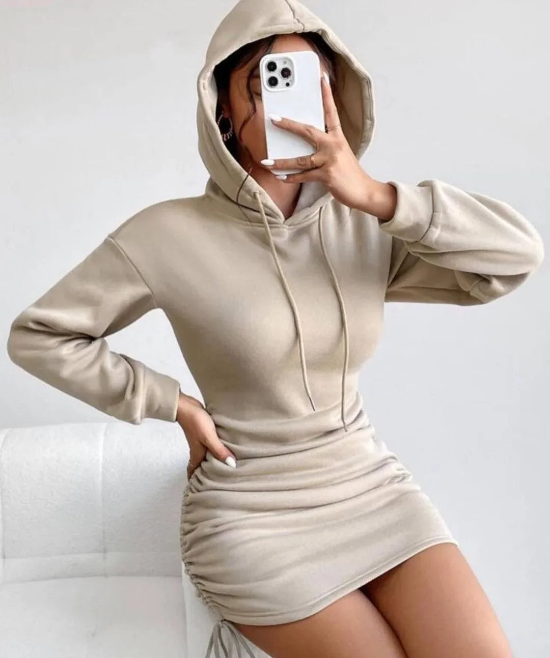Drop Shoulder Drawstring Ruched Hoodie Dress For Spring & Summer Women's Clothing