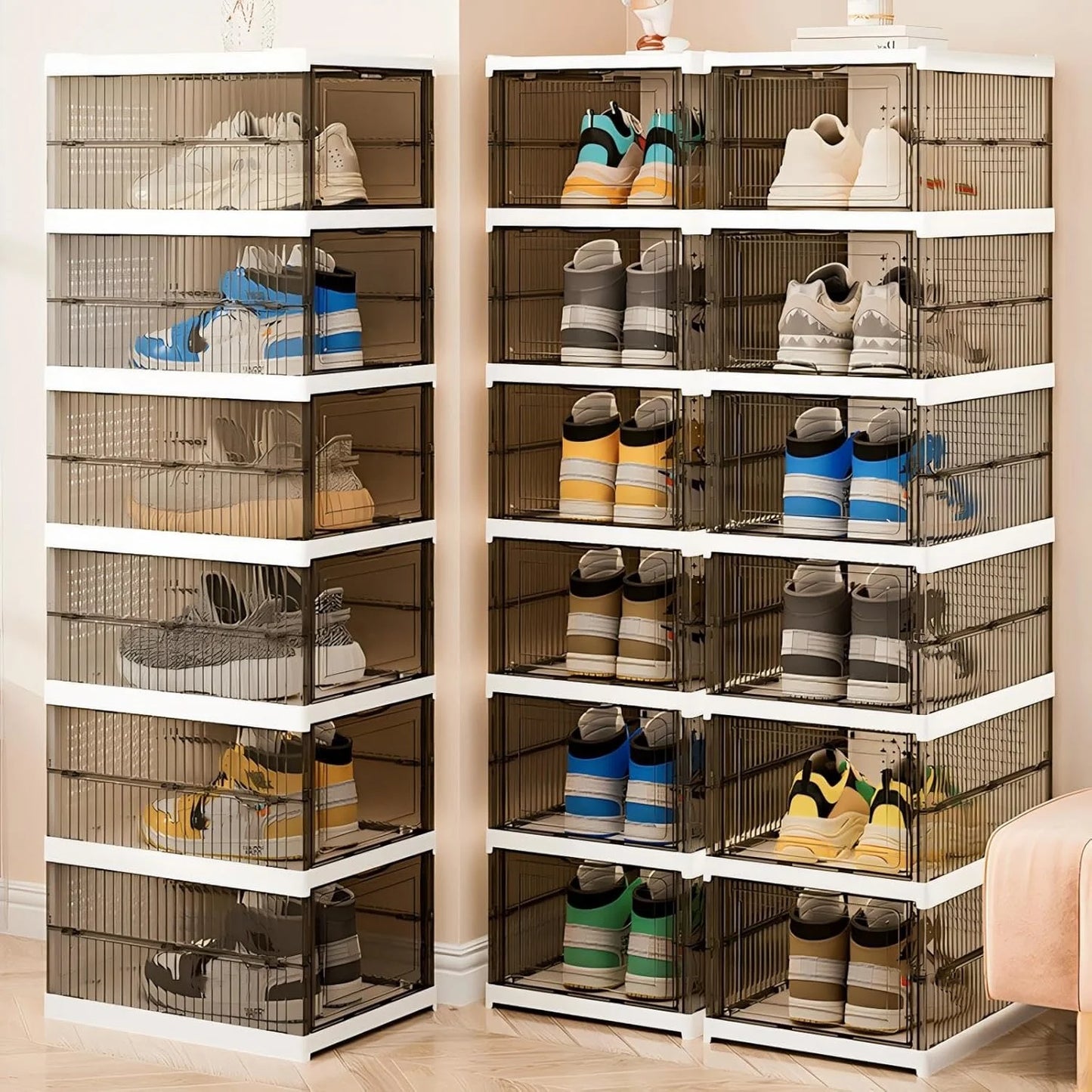 Clear Shoe Storage Box, No Assembly Stackable Drop Front Shoe Organizer Storage Bins,  All-in-one Free Standing Shoe Cabinet