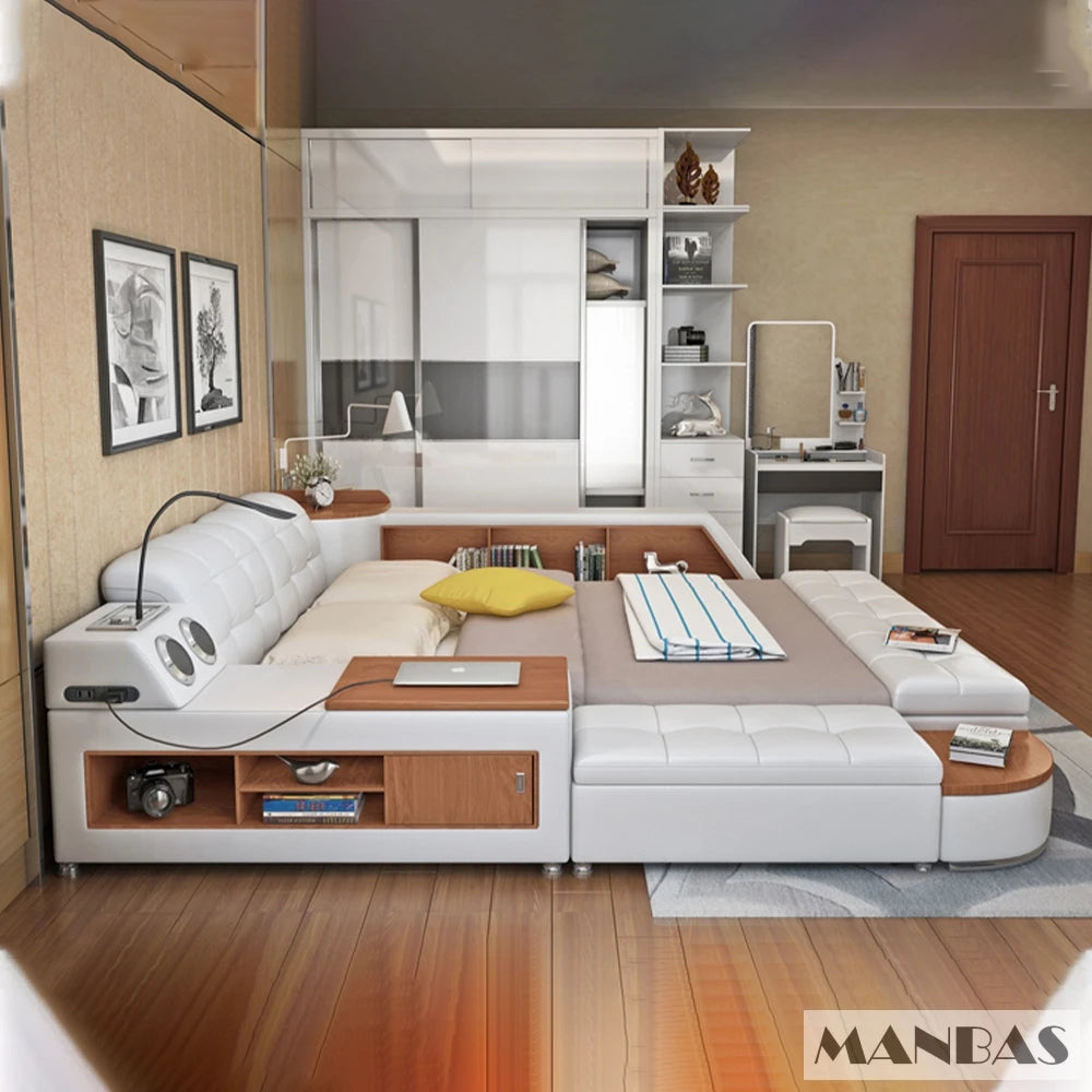 MINGDIBAO Tech Smart Bed Frame | Cloth Multifunctional Ultimate Bed with Tatami, USB and Speaker |  Fabric Upholstered Camas