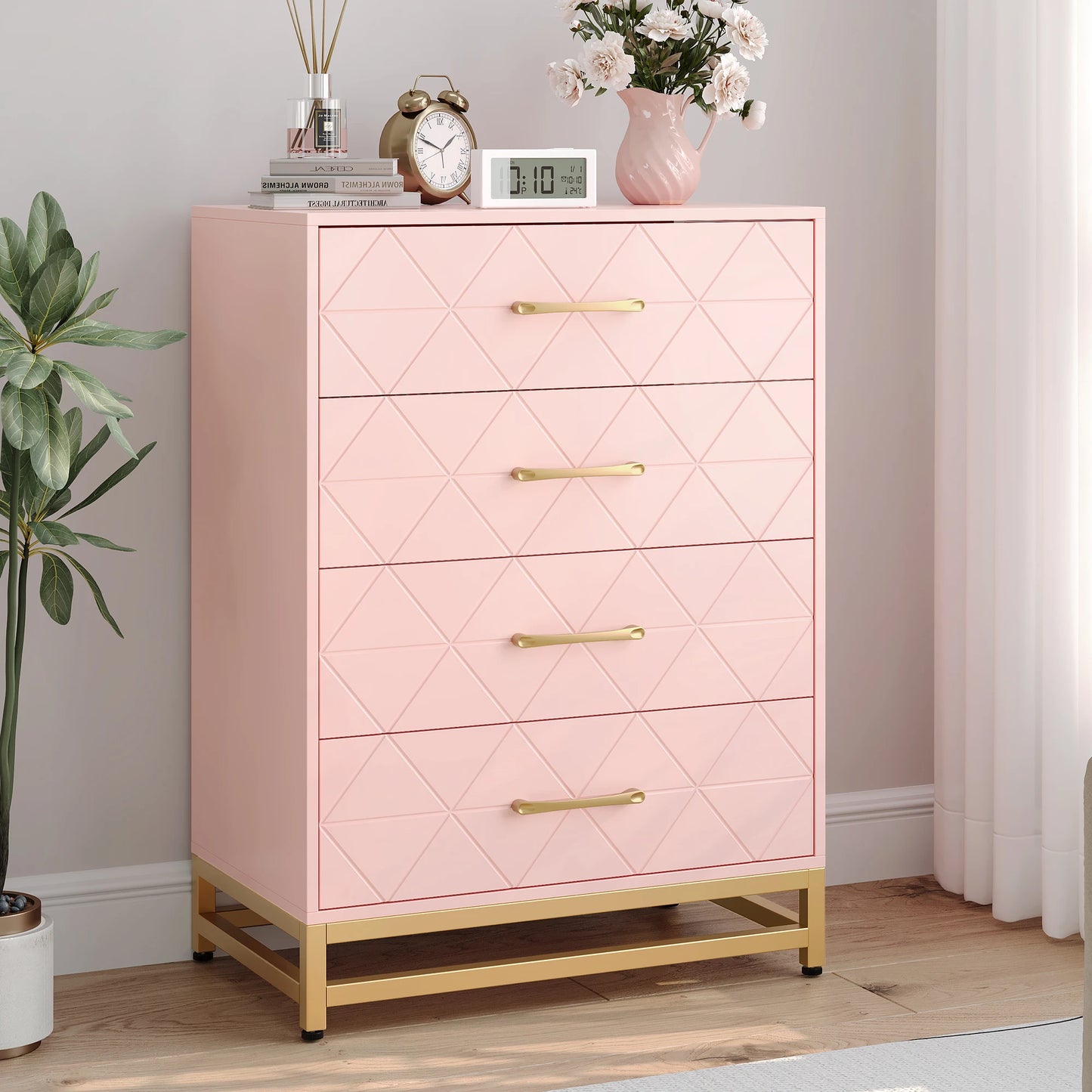 4 Drawer Dresser for Bedroom, Wood Dresser Chest of Drawers with Wide Drawers and Gold Handles, Storage Organizer Unit