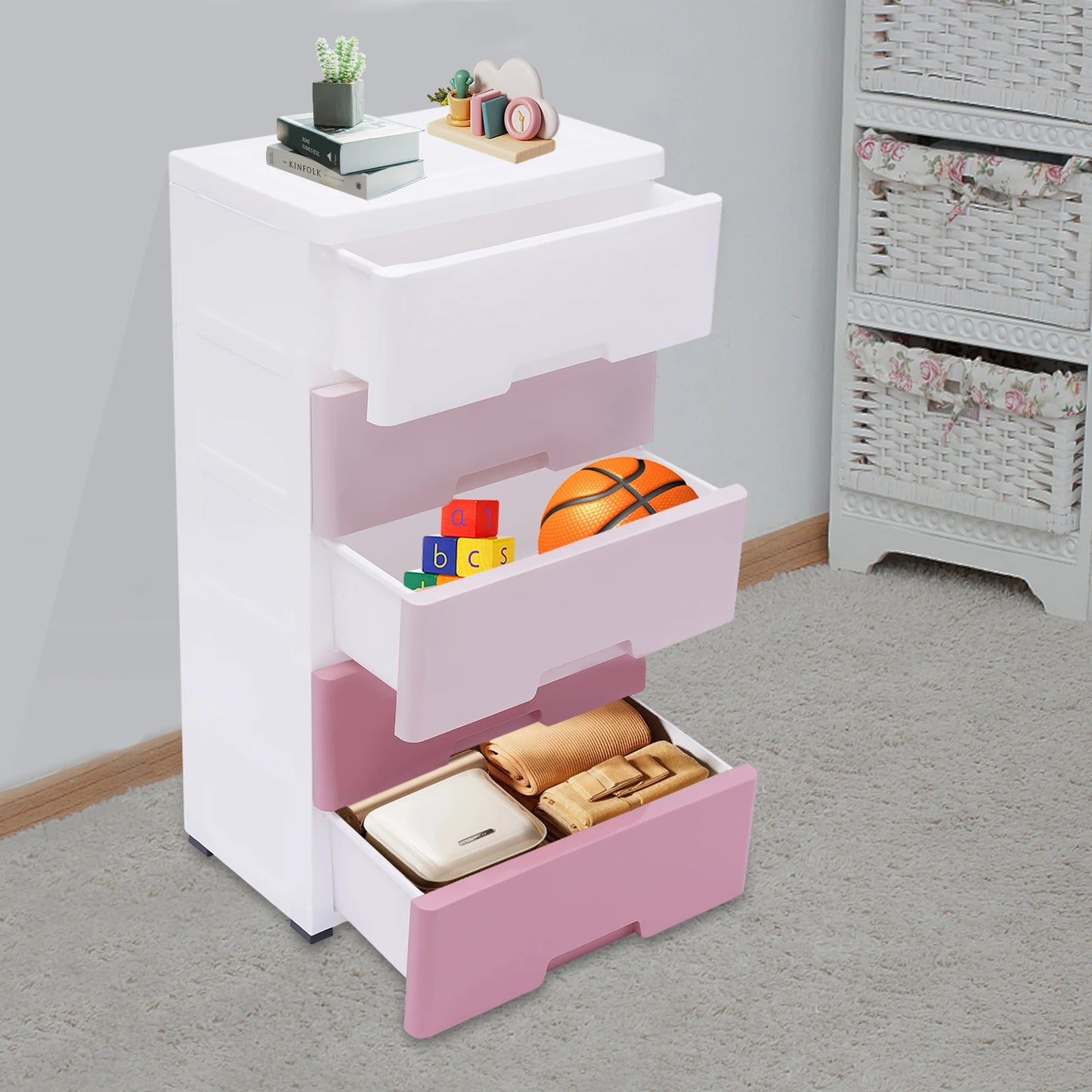 Space-Saving Gradient Pink Drawer Storage Cabinet, 43.5 x 29 x 80cm, for Kids' Clothes and Home Use