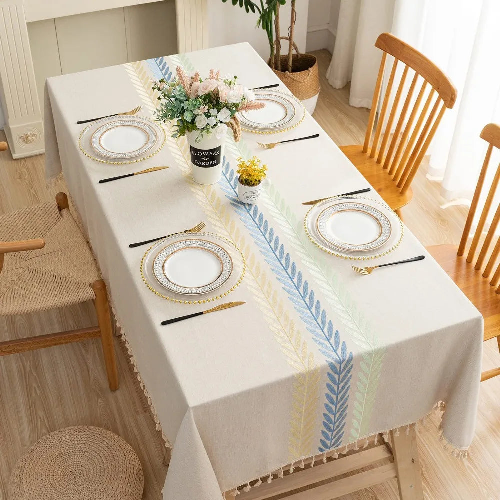 Embroidered Floral Pattern Tablecloth for Dining Table,Dust Proof Spillproof Soil Resistant Cotton Linen Rectangle Table Cover
