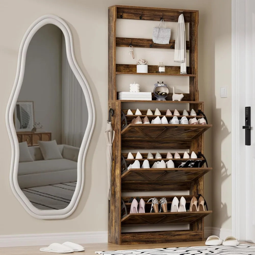 Shoe Cabinet Storage for Entryway, Narrow Shoe Rack Cabinet with 3 Flip Drawers & Coat Rack, Hidden Shoe Storage Cabinet, 2-in-