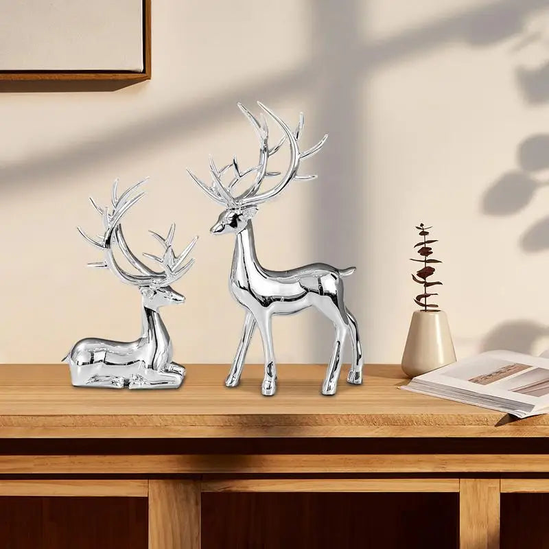 Silver Deer 2PCS Electroplated Silver Deer Figurine Handicraft Piece Resin Sculpture Christmas Center Table Decorations
