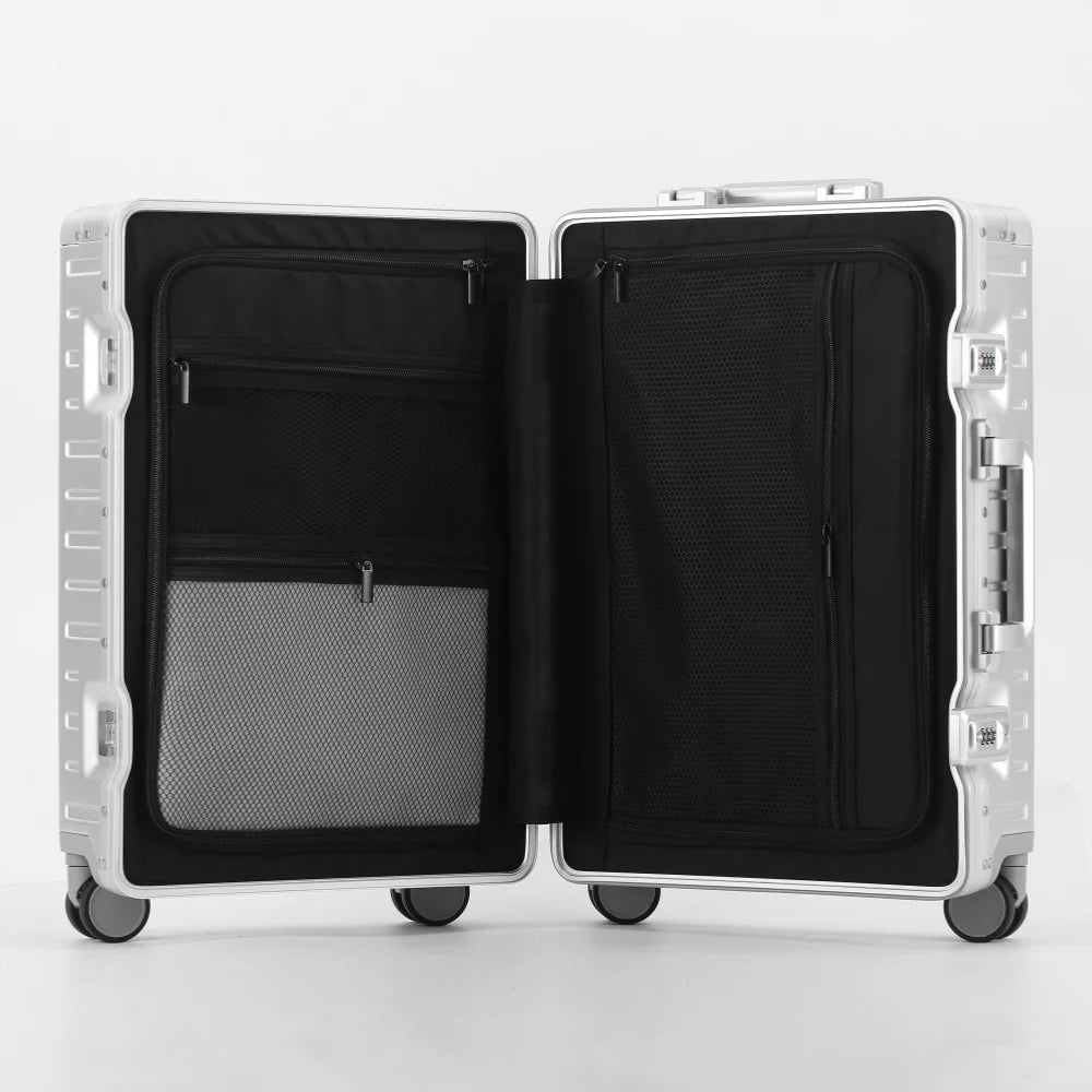 New All Aluminum-magnesium Suitcase Front Opening Rolling Luggage with USB Charging Plug TSA Lock Travel Trolley Case with Wheel