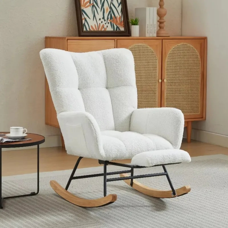 Modern Rocking Upholstered Glider Chair with High Backrest Rocker Accent Armchair with Solid Wood Legs Bedroom Living Room Chair