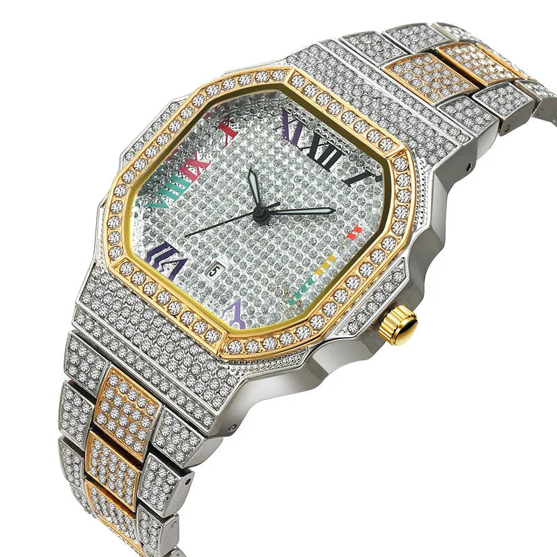 Original Big Brand Watches For Men Fashion Casual Alloy Band Hip Hop Diamond Luxury Golden Date Quartz Watch Relogio Masculino