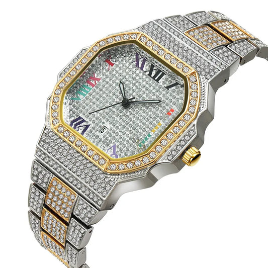 Original Big Brand Watches For Men Fashion Casual Alloy Band Hip Hop Diamond Luxury Golden Date Quartz Watch Relogio Masculino