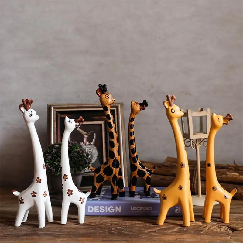 Wooden Giraffe Sculptures Couple giraffe  Standing Tabletop Animal Statue Handcraft Home Office Ornament Figurine