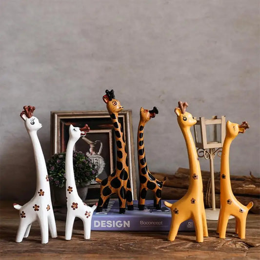 Wooden Giraffe Sculptures Couple giraffe  Standing Tabletop Animal Statue Handcraft Home Office Ornament Figurine