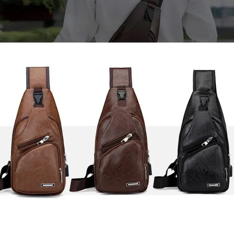Men's Chest Bags Pack Business Messenger USB Charging Fashion PU Leather Waist Outdoor Casual Sports Brand Single Shoulder Bag