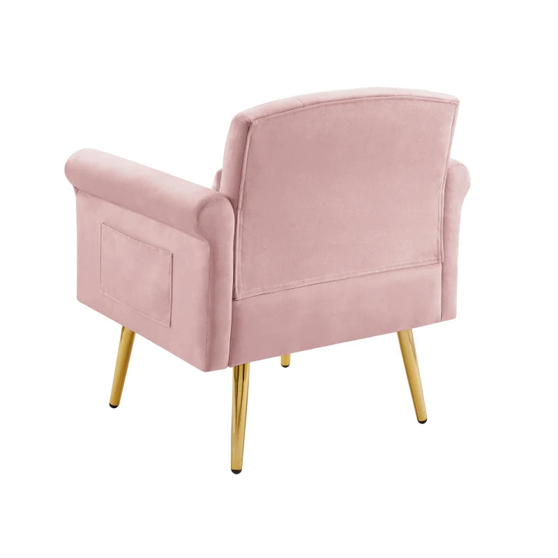 Velvet armchair withwith velvet and 4 gold metal legs，with tufted back and seat，for living room