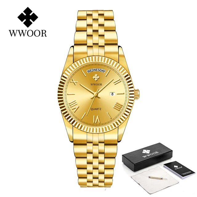 WWOOR Luxury Watches Gift For Men Waterproof Stainless Steel Date Clock New Men Quartz Wristwatches Male Watch Relogio Masculino