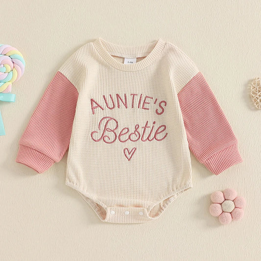 Newborn Baby Girl Clothes Long Sleeve Aunties Bestie Embroidery Romper Waffle Bodysuit Shirt Fall Outfits