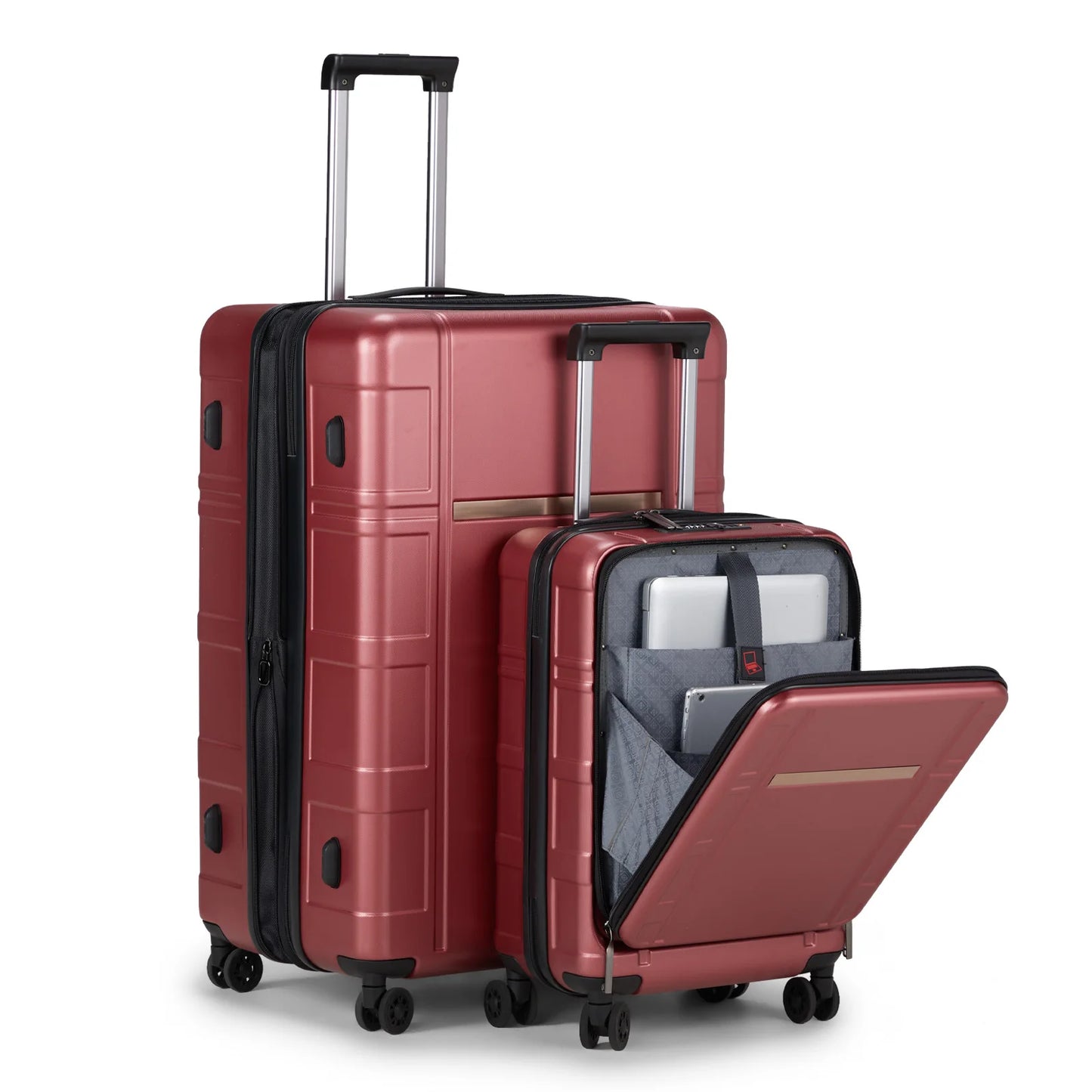 Luggage Expandable Suitcase 2 Piece Set Carry On ABS+PC Spinner Trolley with pocket Compartment Weekend Bag ， Wine Red Color