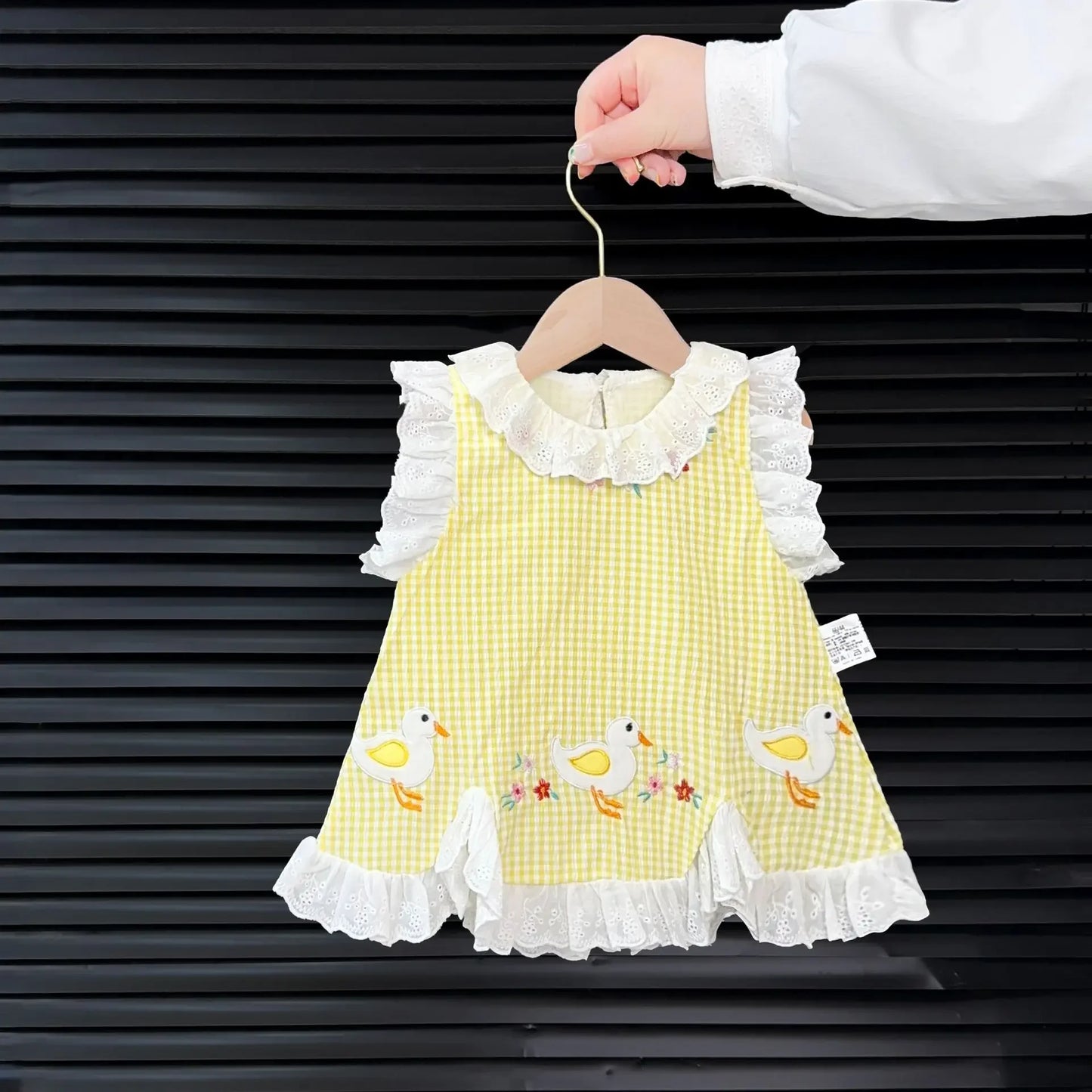 0-24M Baby Girl Summer Romper Dress Cotton Cartoon Duck Embroidery Lace Gingham Princess Sleeveless Sweet Baby Clothes
