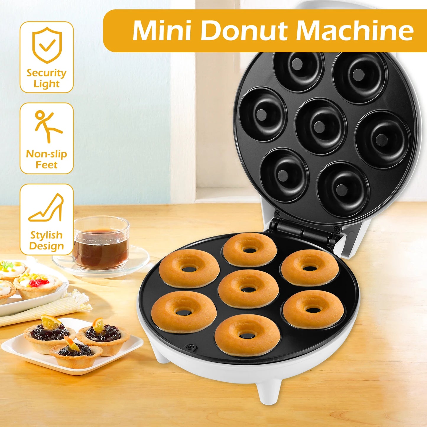 Mini Doughnut Maker 1200W Non-Stick Donut Maker Machine 7 Holes Round Electric Donut Maker with Anti Slip Feet Minimalist